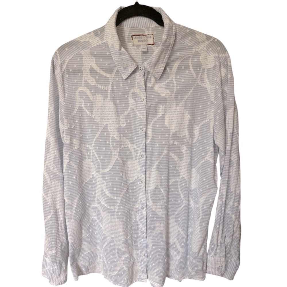 Johnny Was Workshop Flore Seersucker Embroidered Coastal Boho Top Blue/White M